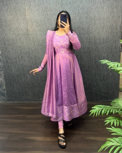 Eye Catching Lavender Two Tone Banarasi Gown with Sequence Work Dupatta for Boutiques Buyers Kurti With Dupatta Wholesale