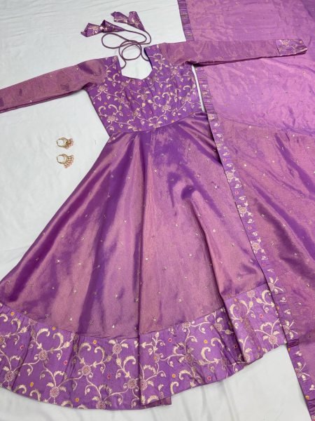 Eye Catching Lavender Two Tone Banarasi Gown with Sequence Work Dupatta for Boutiques Buyers Kurti With Dupatta Wholesale