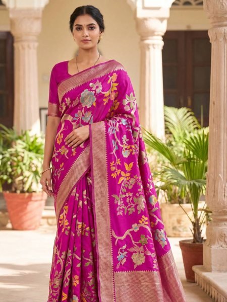 Eye catching Pink Khadi Crepe Silk Saree with Bird Motifs for Wedding Wear at Wholesale Rate Sarees 