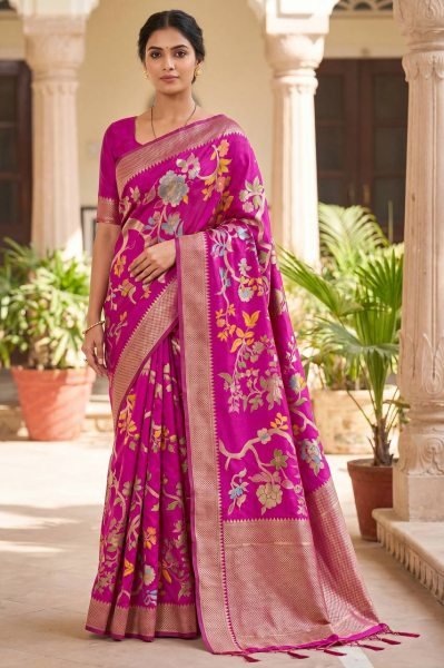 Eye catching Pink Khadi Crepe Silk Saree with Bird Motifs for Wedding Wear at Wholesale Rate Silk Sarees Wholesale