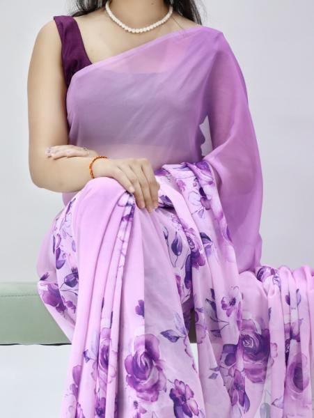 Eye-catching Purple Floral Printed Saree with Silk Banglory Blouse Online Georgette Sarees Wholesale