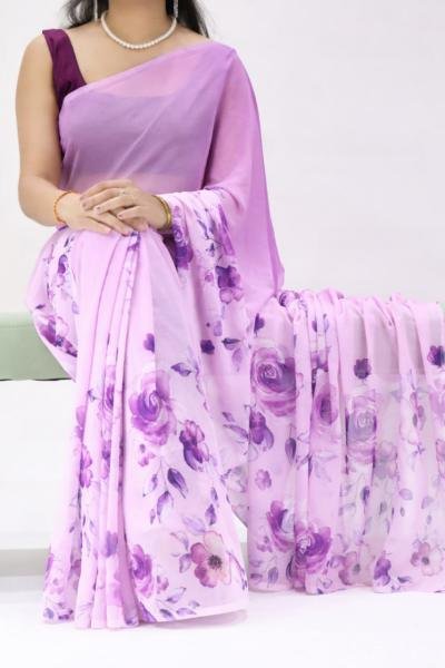 Eye-catching Purple Floral Printed Saree with Silk Banglory Blouse Online Georgette Sarees Wholesale