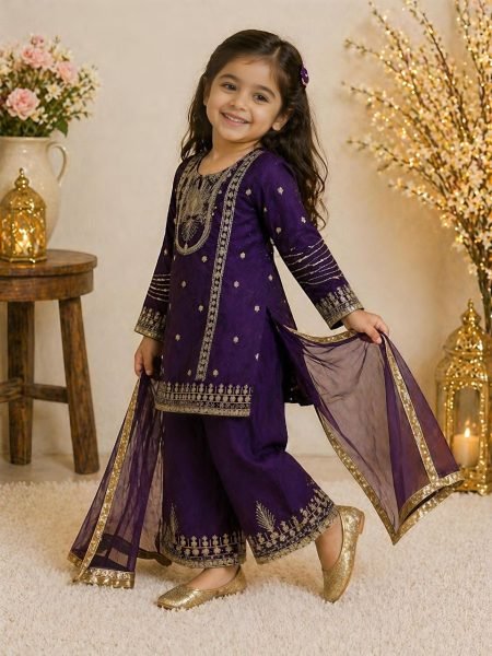 Eye catching Purple Kids Ethnic Wear Set with Top Palazzo Dupatta for Wedding Wear at Bulk Rate Girls Wear
