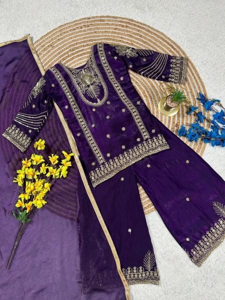 Eye catching Purple Kids Ethnic Wear Set with Top Palazzo Dupatta for Wedding Wear at Bulk Rate Girls Wear