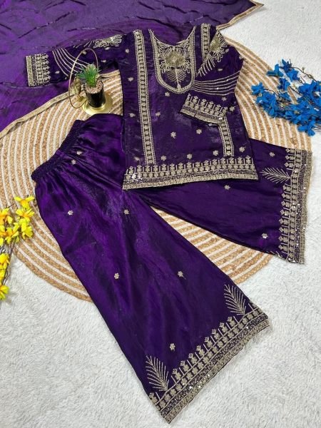 Eye catching Purple Kids Ethnic Wear Set with Top Palazzo Dupatta for Wedding Wear at Bulk Rate Girls Wear