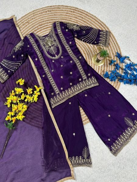 Eye catching Purple Kids Ethnic Wear Set with Top Palazzo Dupatta for Wedding Wear at Bulk Rate Girls Wear