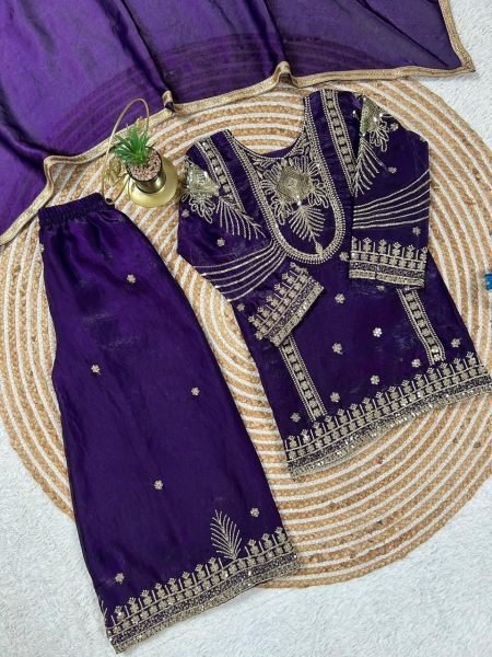 Eye catching Purple Kids Ethnic Wear Set with Top Palazzo Dupatta for Wedding Wear at Bulk Rate Girls Wear