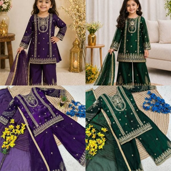 Eye catching Purple Kids Ethnic Wear Set with Top Palazzo Dupatta for Wedding Wear at Bulk Rate Girls Wear