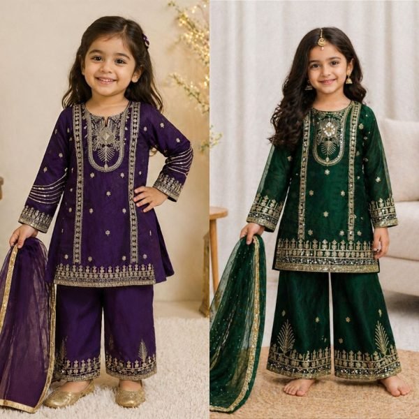 Eye catching Purple Kids Ethnic Wear Set with Top Palazzo Dupatta for Wedding Wear at Bulk Rate Girls Wear