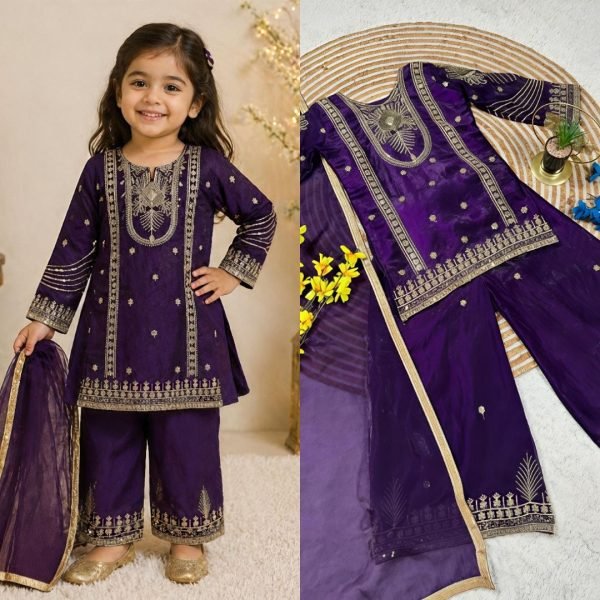 Eye catching Purple Kids Ethnic Wear Set with Top Palazzo Dupatta for Wedding Wear at Bulk Rate Girls Wear