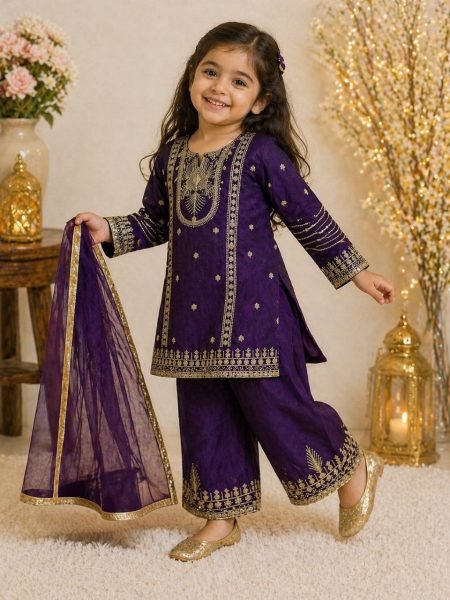 Eye catching Purple Kids Ethnic Wear Set with Top Palazzo Dupatta for Wedding Wear at Bulk Rate Girls Wear