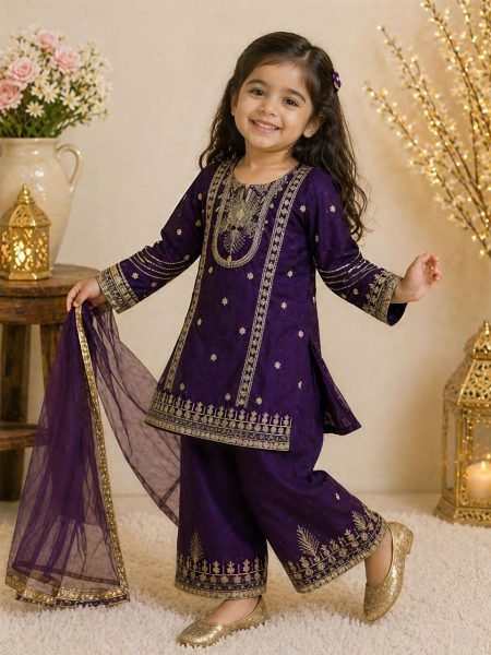 Eye catching Purple Kids Ethnic Wear Set with Top Palazzo Dupatta for Wedding Wear at Bulk Rate Girls Wear
