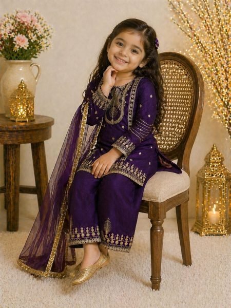 Eye catching Purple Kids Ethnic Wear Set with Top Palazzo Dupatta for Wedding Wear at Bulk Rate Girls Wear