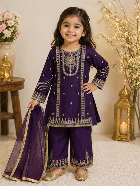 Eye catching Purple Kids Ethnic Wear Set with Top Palazzo Dupatta for Wedding Wear at Bulk Rate Girls Wear