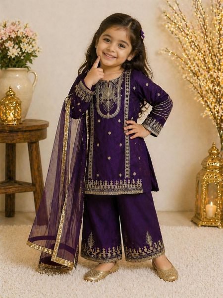 Eye catching Purple Kids Ethnic Wear Set with Top Palazzo Dupatta for Wedding Wear at Bulk Rate Girls Wear