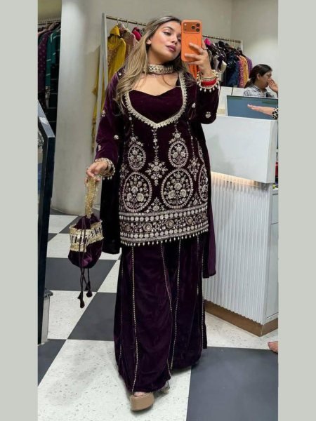 Eye Catching Purple Velvet Top with Plazzo and Real Mirror Dupatta for Winter Party Wear 
