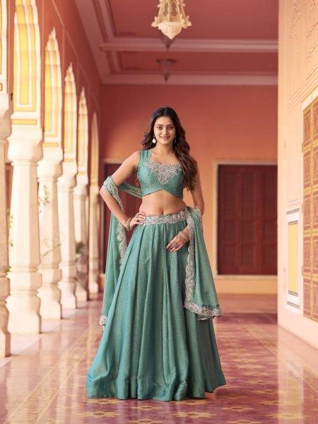 Eye-catching Teal Green Rangoli Silk Lehenga with Tube Beads Work for Sangeet Wear 