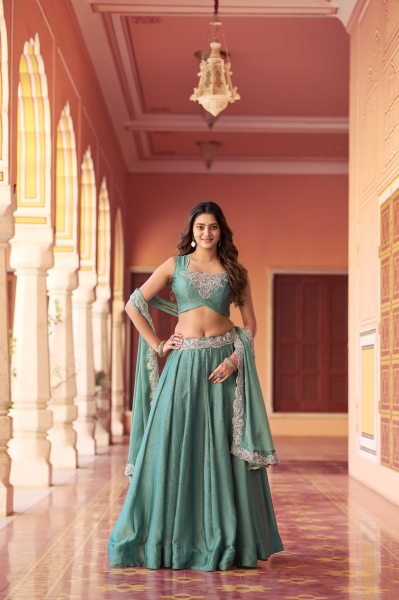 Eye-catching Teal Green Rangoli Silk Lehenga with Tube Beads Work for Sangeet Wear Designer Lehenga Choli
