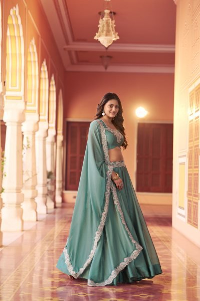 Eye-catching Teal Green Rangoli Silk Lehenga with Tube Beads Work for Sangeet Wear Designer Lehenga Choli