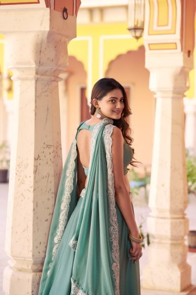 Eye-catching Teal Green Rangoli Silk Lehenga with Tube Beads Work for Sangeet Wear Designer Lehenga Choli