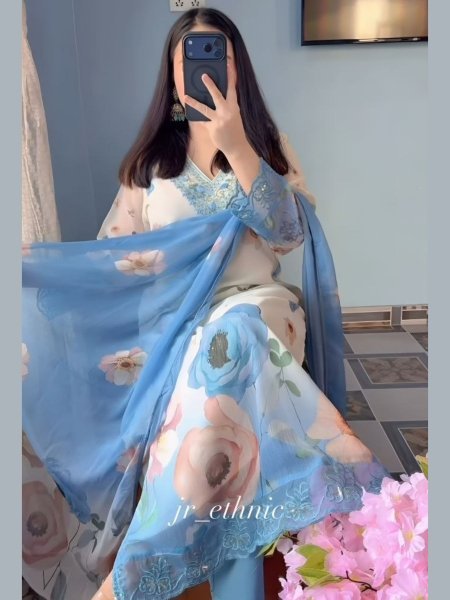 Eye catching White Blue Chiffon 3 Piece Suit Set with Hand Work Neck for Summer Wear 