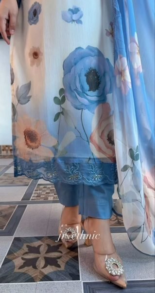 Eye catching White Blue Chiffon 3 Piece Suit Set with Hand Work Neck for Summer Wear Printed Kurtis