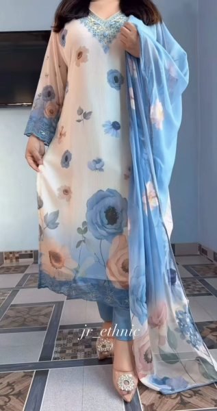 Eye catching White Blue Chiffon 3 Piece Suit Set with Hand Work Neck for Summer Wear Printed Kurtis