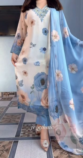 Eye catching White Blue Chiffon 3 Piece Suit Set with Hand Work Neck for Summer Wear Printed Kurtis