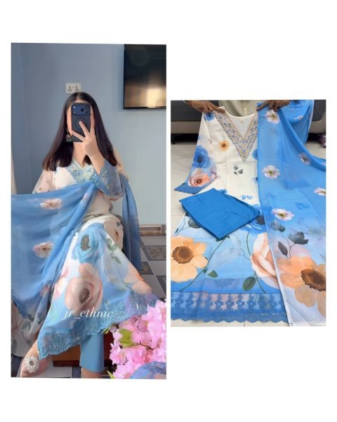 Eye catching White Blue Chiffon 3 Piece Suit Set with Hand Work Neck for Summer Wear Printed Kurtis