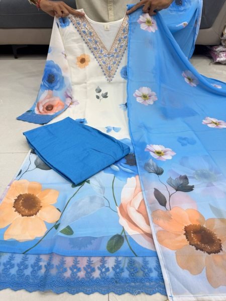 Eye catching White Blue Chiffon 3 Piece Suit Set with Hand Work Neck for Summer Wear Printed Kurtis