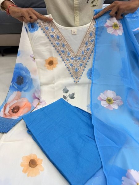 Eye catching White Blue Chiffon 3 Piece Suit Set with Hand Work Neck for Summer Wear Printed Kurtis