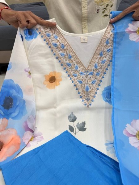 Eye catching White Blue Chiffon 3 Piece Suit Set with Hand Work Neck for Summer Wear Printed Kurtis