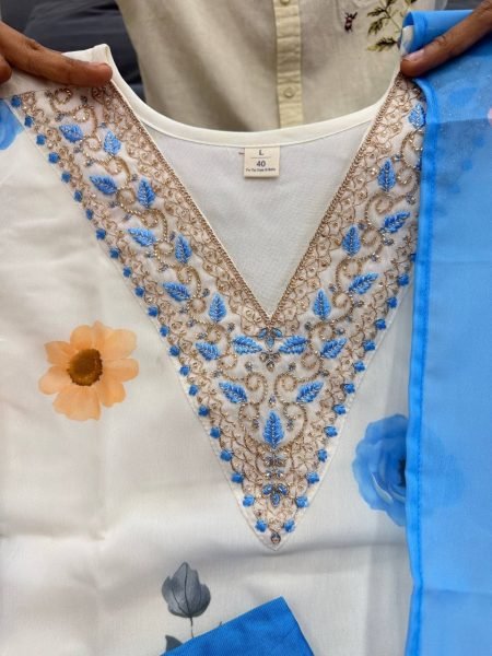 Eye catching White Blue Chiffon 3 Piece Suit Set with Hand Work Neck for Summer Wear Printed Kurtis