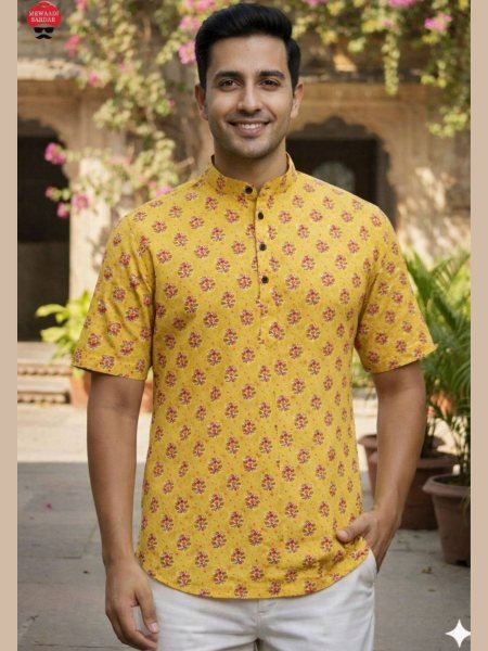 Eye-catching Yellow Latest Cotton Kurta Design for Men Summer Collection 