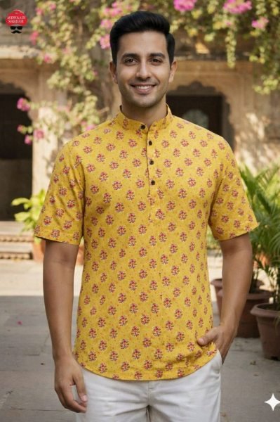 Eye-catching Yellow Latest Cotton Kurta Design for Men Summer Collection Mens Short Kurta