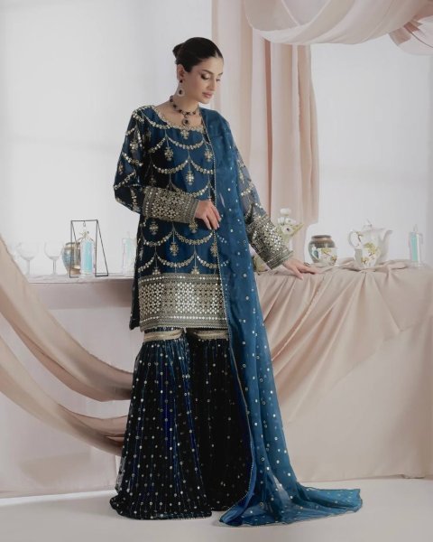 Eye Soothing Blue Fully Stitch Kurti Sharara with Dupatta for International Buyers  Ready To Wear Collection