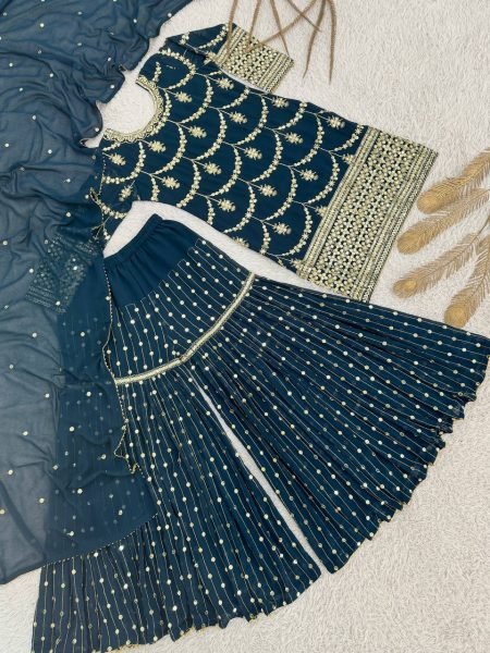 Eye Soothing Blue Fully Stitch Kurti Sharara with Dupatta for International Buyers  Ready To Wear Collection