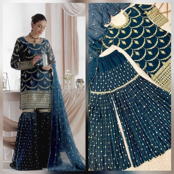 Eye Soothing Blue Fully Stitch Kurti Sharara with Dupatta for International Buyers  Ready To Wear Collection