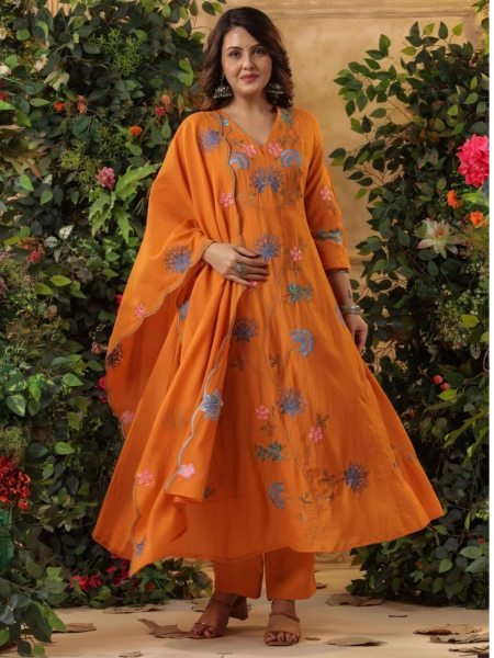 Eye soothing Orange Fully Stitched r Chanderi Embroidery Kurti   Pant Set with Embroidery Dupatta for Festive Wear