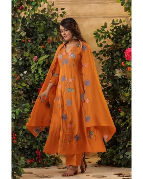 Eye-soothing Orange Fully Stitched r Chanderi Embroidery Kurti & Pant Set with Embroidery Dupatta for Festive Wear  Straight Cut Long Kurtis