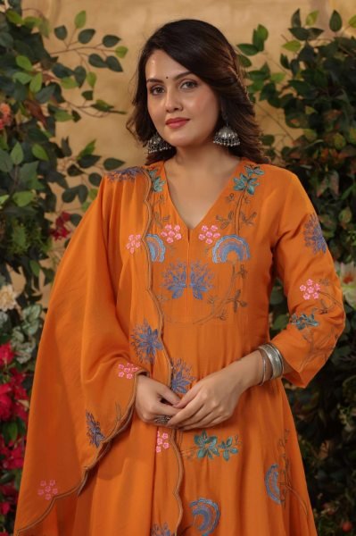 Eye soothing Orange Fully Stitched r Chanderi Embroidery Kurti   Pant Set with Embroidery Dupatta for Festive Wear  Straight Cut Long Kurtis