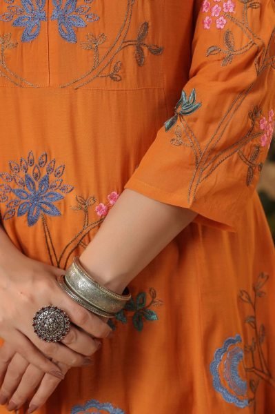 Eye soothing Orange Fully Stitched r Chanderi Embroidery Kurti   Pant Set with Embroidery Dupatta for Festive Wear  Straight Cut Long Kurtis