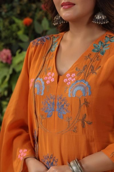 Eye-soothing Orange Fully Stitched r Chanderi Embroidery Kurti & Pant Set with Embroidery Dupatta for Festive Wear  Straight Cut Long Kurtis