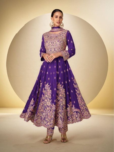 Eye Soothing Purple Embroidery Work From Rasbari Catalog By Gulkayra Designer  Anarakali Gown Wholesale