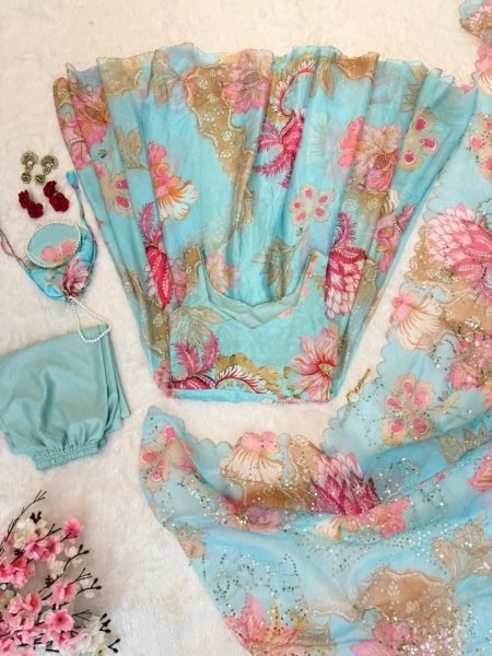 Eye Soothing Sky Blue Gmy Organza Silk Digital Printed Anarkali Suit with Mirror Neck Work Anarkali Kurtis 