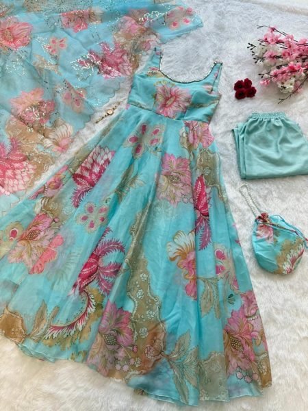 Eye Soothing Sky Blue Gmy Organza Silk Digital Printed Anarkali Suit with Mirror Neck Work Anarkali Kurtis 