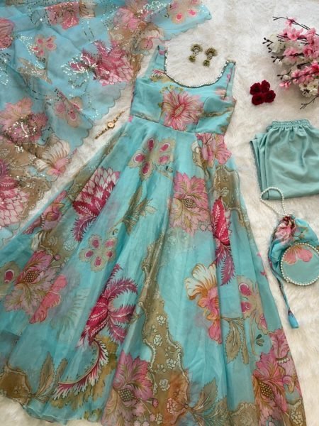 Eye Soothing Sky Blue Gmy Organza Silk Digital Printed Anarkali Suit with Mirror Neck Work Anarkali Kurtis 