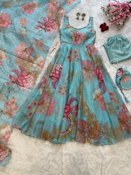Eye Soothing Sky Blue Gmy Organza Silk Digital Printed Anarkali Suit with Mirror Neck Work Anarkali Kurtis 