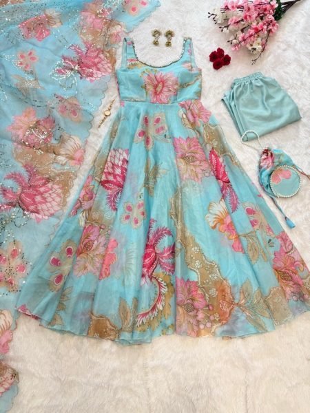 Eye Soothing Sky Blue Gmy Organza Silk Digital Printed Anarkali Suit with Mirror Neck Work Anarkali Kurtis 