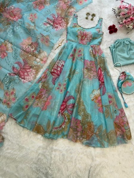 Eye Soothing Sky Blue Gmy Organza Silk Digital Printed Anarkali Suit with Mirror Neck Work Anarkali Kurtis 